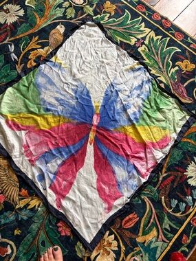 100% Silk Vintage Butterfly Print Scarf - Blue, Pink, Yellow, Green